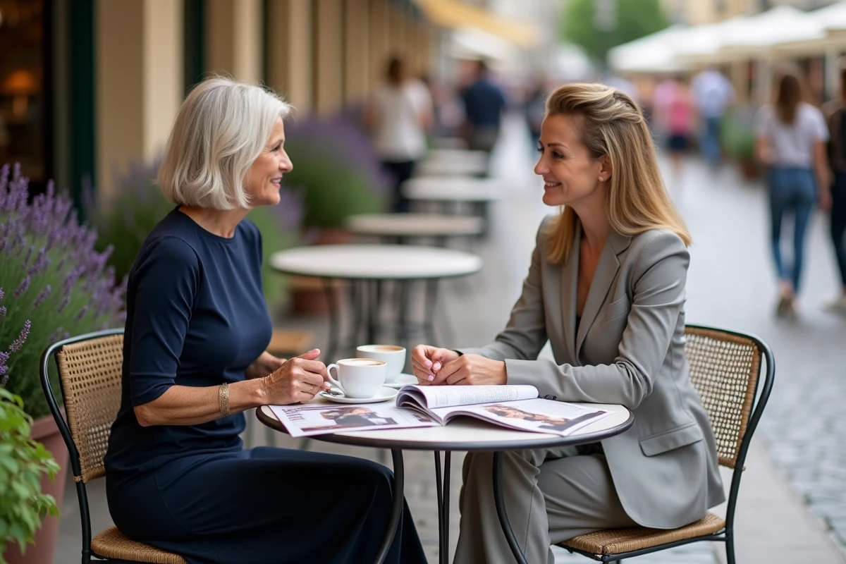 Mère de la mariée et future mariée discutant du budget et des responsabilités financières du mariage en terrasse