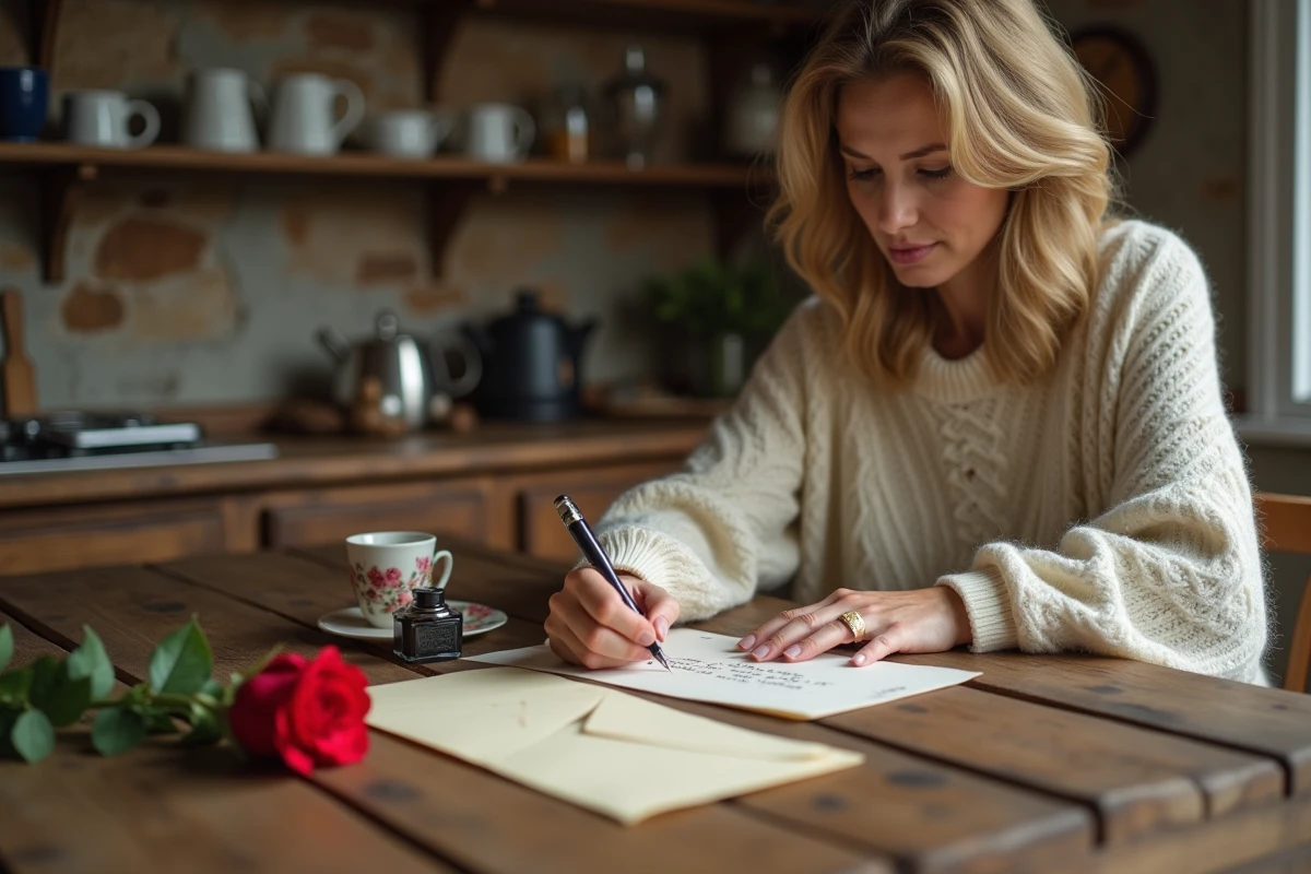 Femme rédigeant un message d'amour caché avec une rose rouge pour leurs 17 ans de mariage