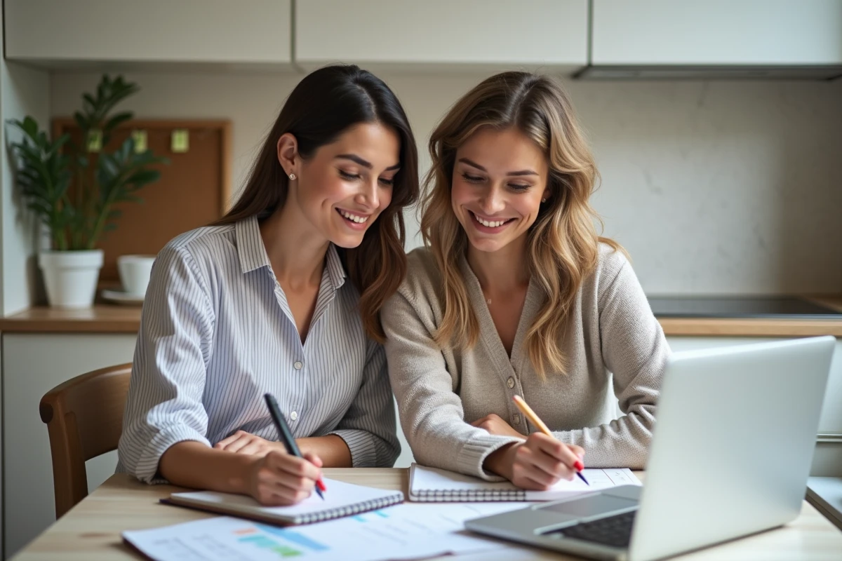 Deux femmes organisent le budget d'un enterrement de vie de jeune fille en consultant un ordinateur portable et des notes manuscrites
