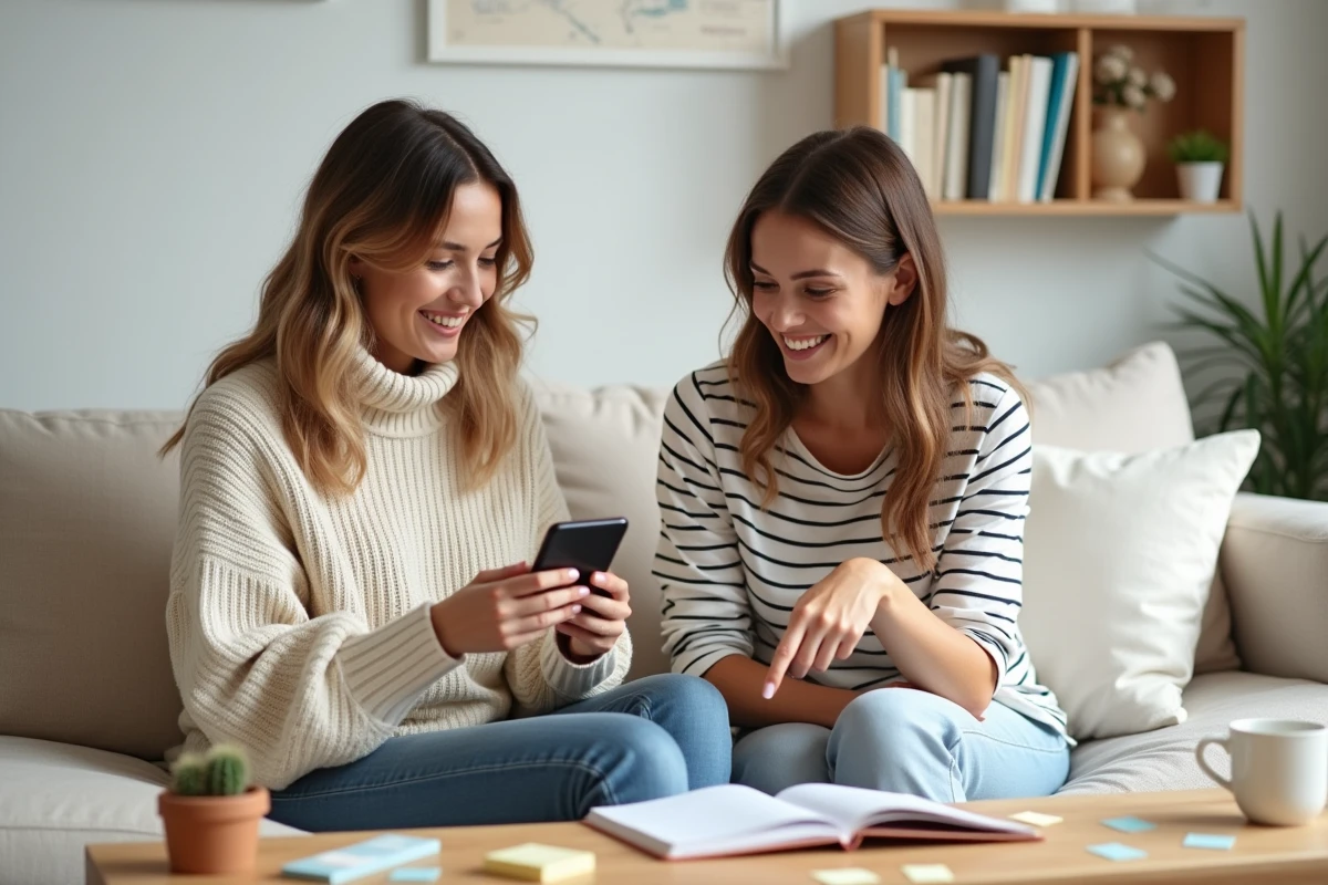 Deux amies organisant la date d'un enterrement de vie de jeune fille avec un agenda et une application de calendrier dans un appartement moderne