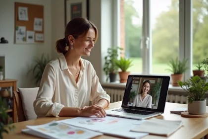 Femme organisant un mariage à distance depuis son bureau avec un ordinateur portable et des échantillons de tissu