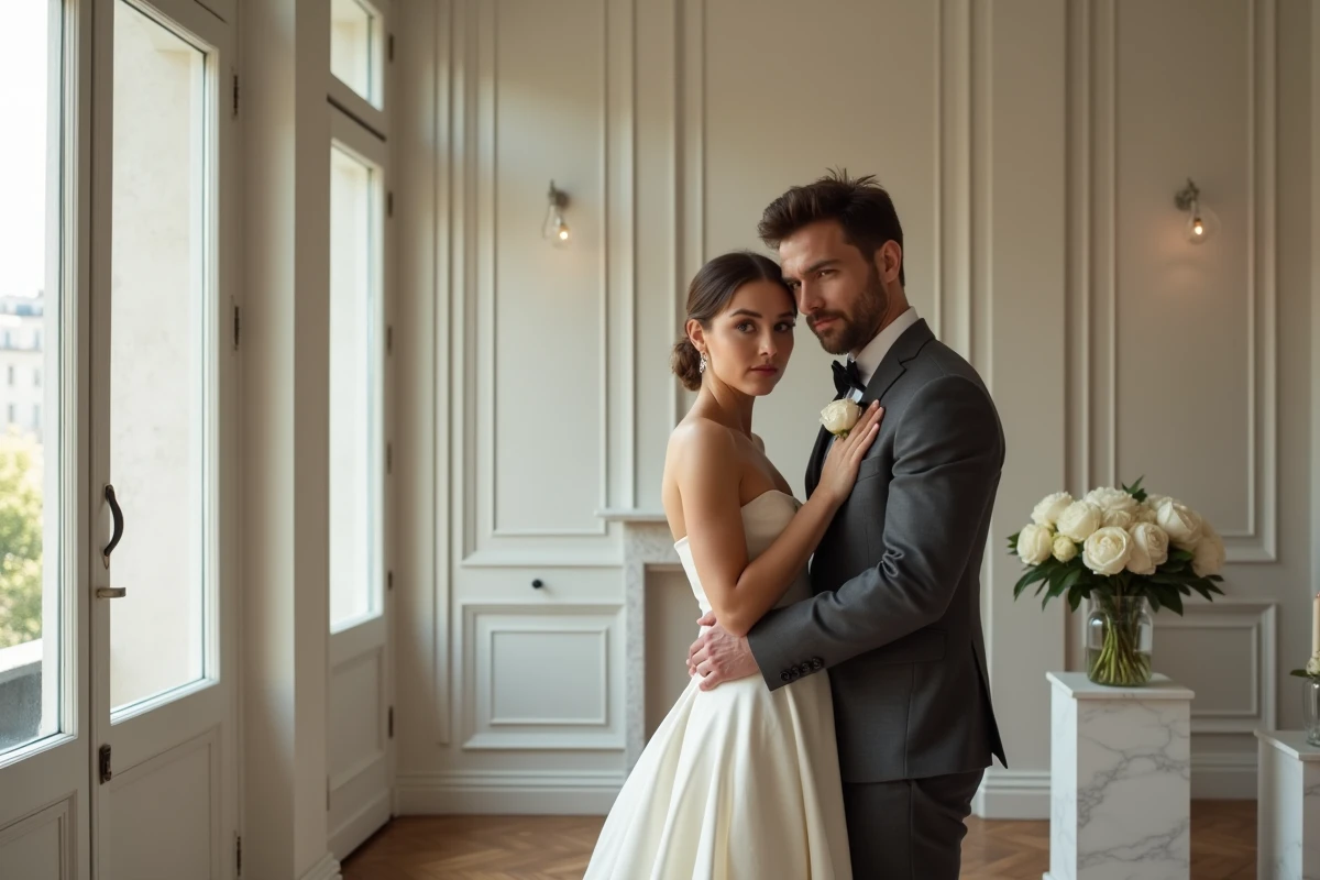 Portrait de couple de mariés dans un appartement haussmannien parisien décoré de pivoines blanches avec des invités en arrière-plan