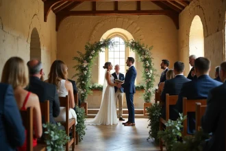 Cérémonie de mariage intime dans une petite chapelle en pierre à la campagne française avec des fleurs sauvages et des invités assis sur des bancs en bois