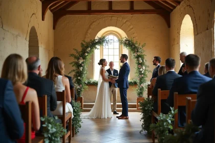 Cérémonie de mariage intime dans une petite chapelle en pierre à la campagne française avec des fleurs sauvages et des invités assis sur des bancs en bois