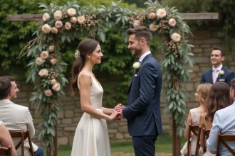 Couple échangeant des vœux lors d'un petit mariage intime en plein air avec peu d'invités dans un jardin fleuri