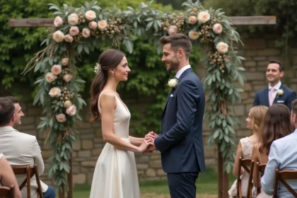 Couple échangeant des vœux lors d'un petit mariage intime en plein air avec peu d'invités dans un jardin fleuri