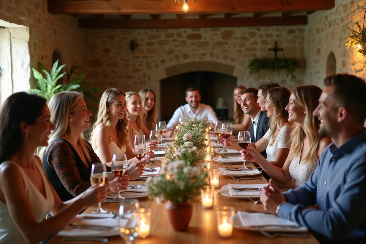 Réception de petit mariage convivial autour d'une longue table rustique dans une ferme avec une quinzaine d'invités