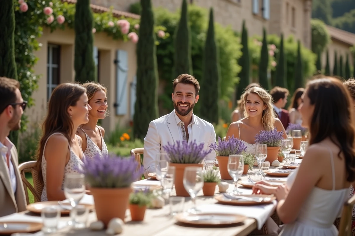 Petit repas de mariage en plein air autour d'une grande table en bois dans un jardin provençal fleuri avec des invités en tenue d'été