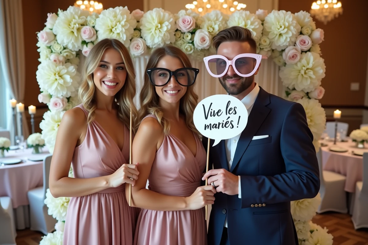 Invités de mariage s'amusant dans un photobooth décoré de fleurs avec des accessoires originaux lors d'une réception intérieure