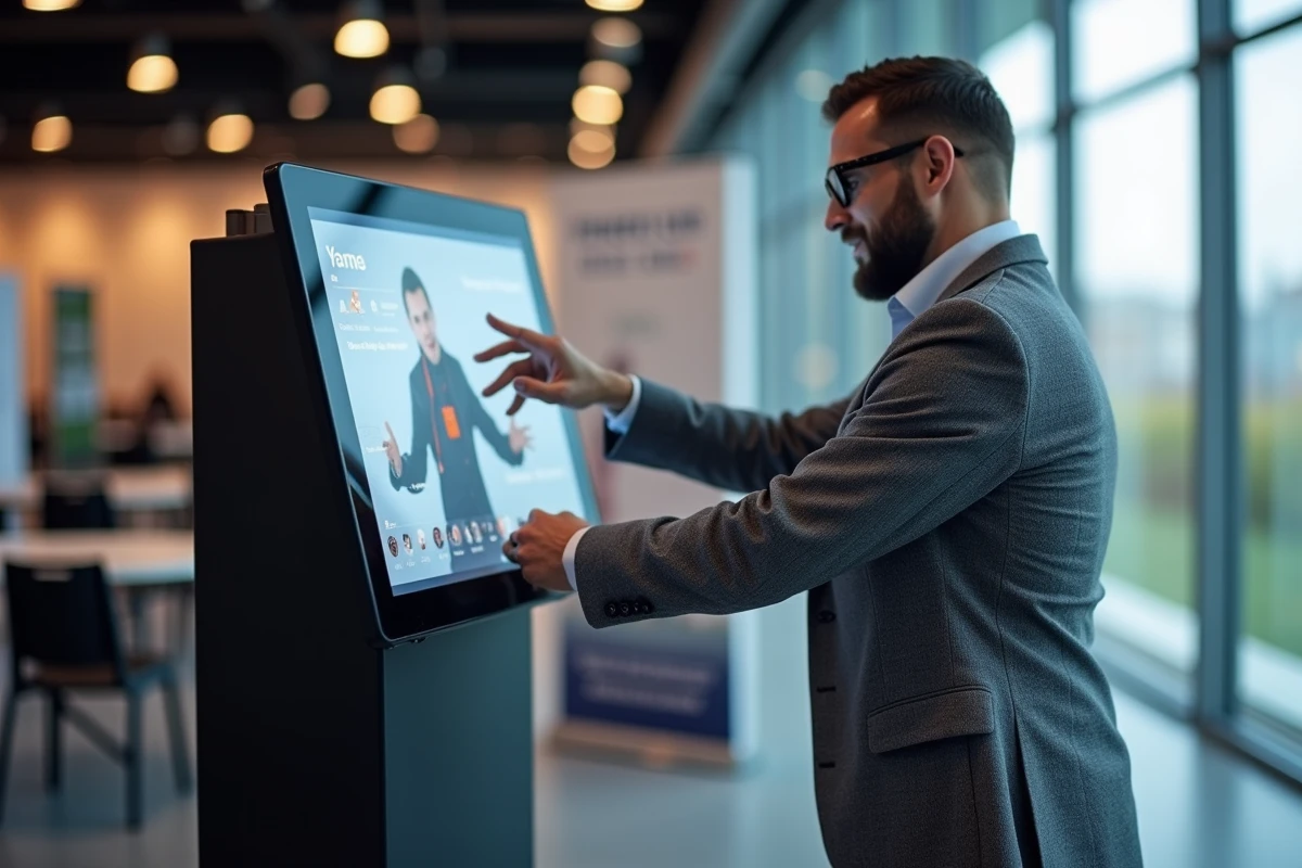 Photographe professionnel configurant un kiosque photobooth numérique avec logiciel lors d'un événement d'entreprise