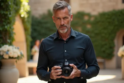 Photographe de mariage professionnel en action lors d'une cérémonie en extérieur, illustrant le métier et le salaire d'un photographe de mariage