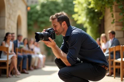 Photographe de mariage professionnel en action lors d'une cérémonie en plein air dans une cour en pierre