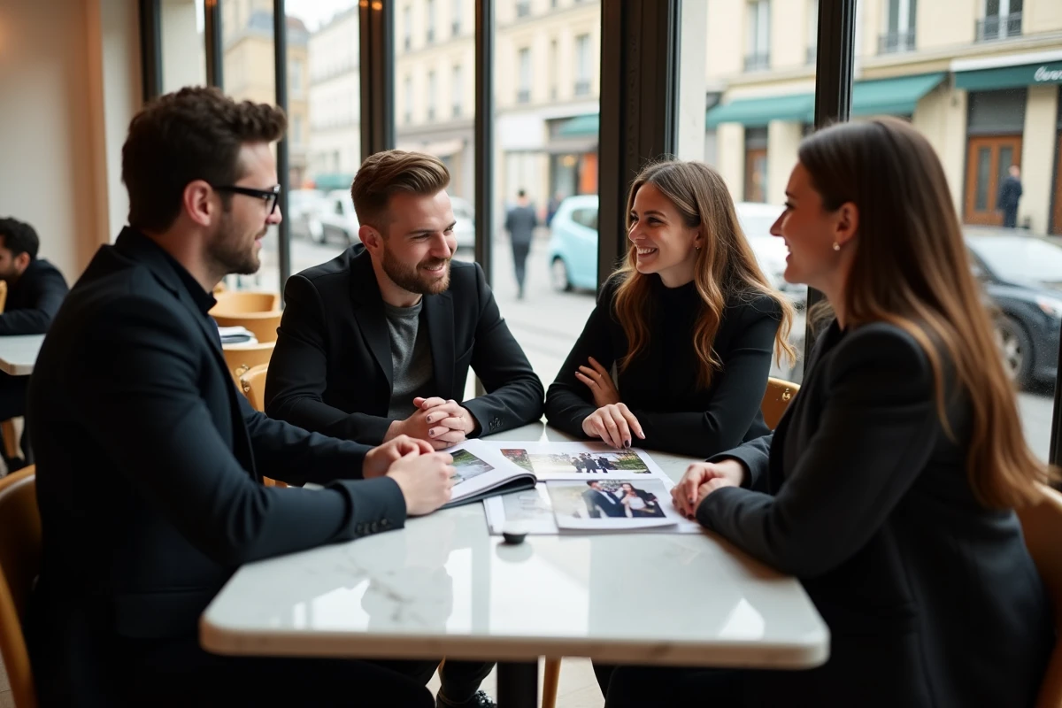 Deux photographes de mariage en réunion avec un couple de futurs mariés dans un café parisien, illustrant la consultation client et la tarification des prestations photo