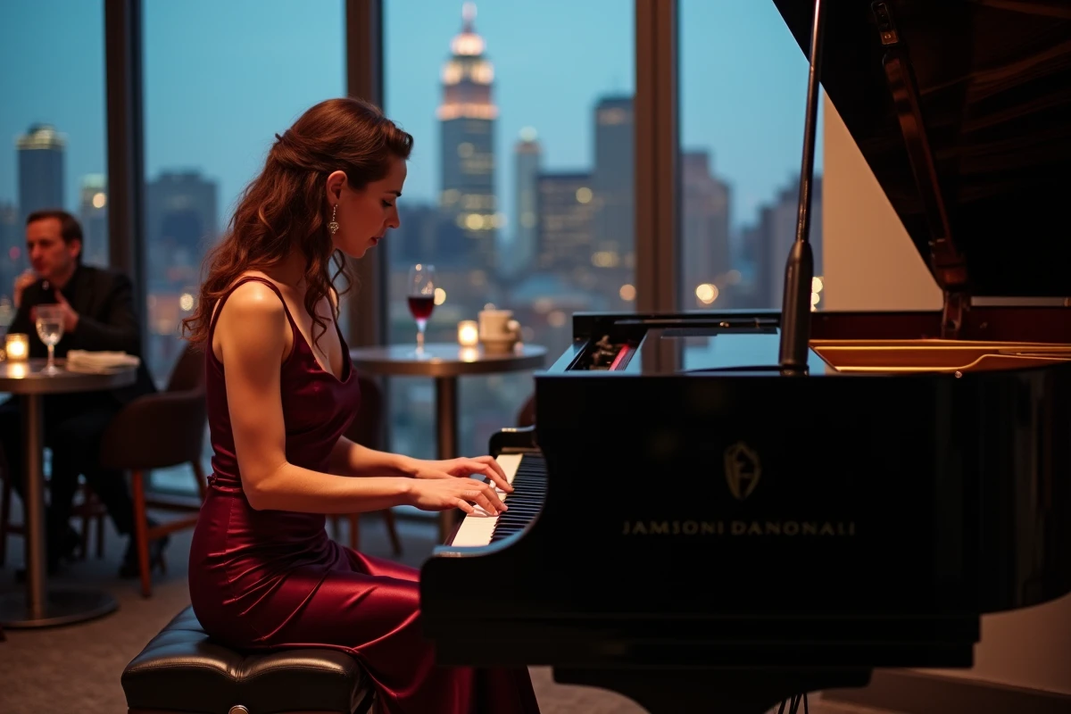 Pianiste jazz en robe de soirée jouant un piano à queue sur un rooftop avec vue sur la ville et invités en arrière-plan