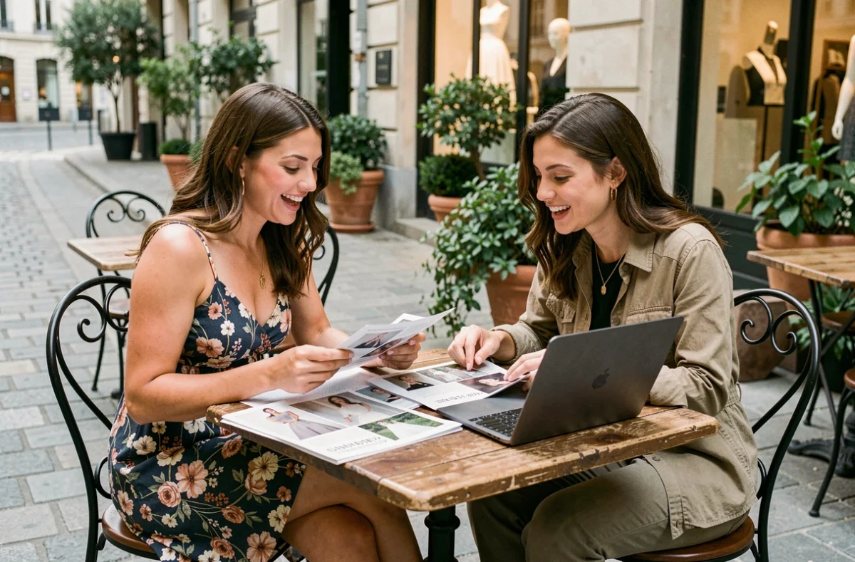 Deux femmes planifiant un mariage autour de magazines et d'un ordinateur portable dans un café en plein air, comparant les prix de robes de mariée