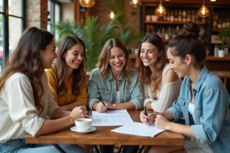 Groupe d'amies planifiant un enterrement de vie de jeune fille autour d'une table de café parisien avec un calendrier et une liste