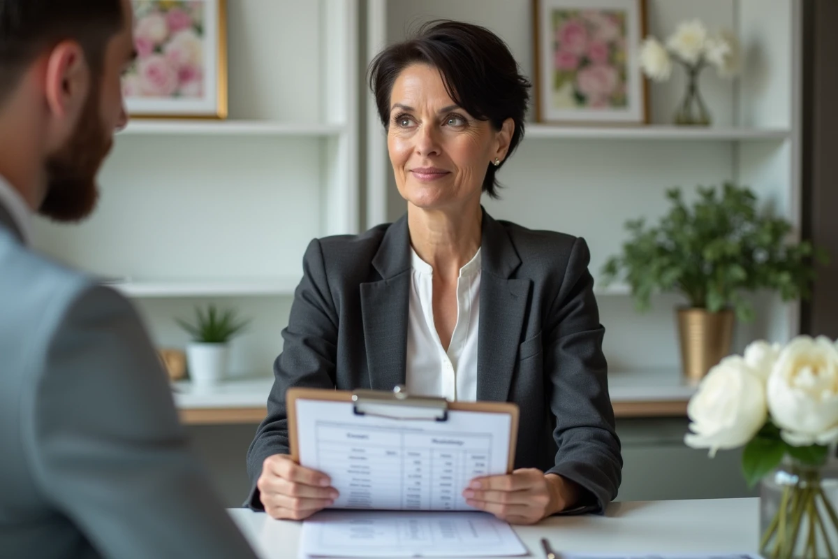 Planificatrice de mariage présentant un devis détaillé à un couple dans son agence