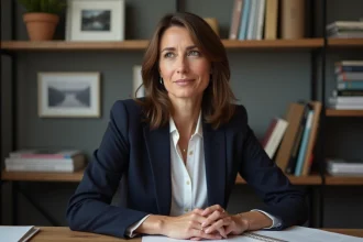 Femme quadragénaire professionnelle dans un bureau éditorial, évoquant le portrait d'Elodie Villemus