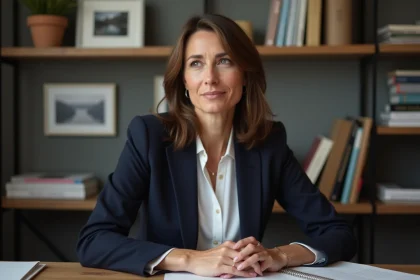 Femme quadragénaire professionnelle dans un bureau éditorial, évoquant le portrait d'Elodie Villemus