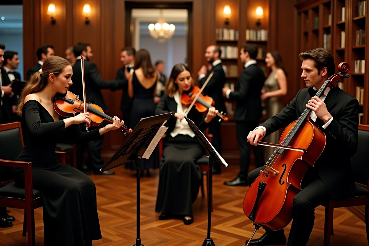 Quatuor à cordes en tenue de soirée jouant en live lors d'une réception privée élégante avec invités en arrière-plan