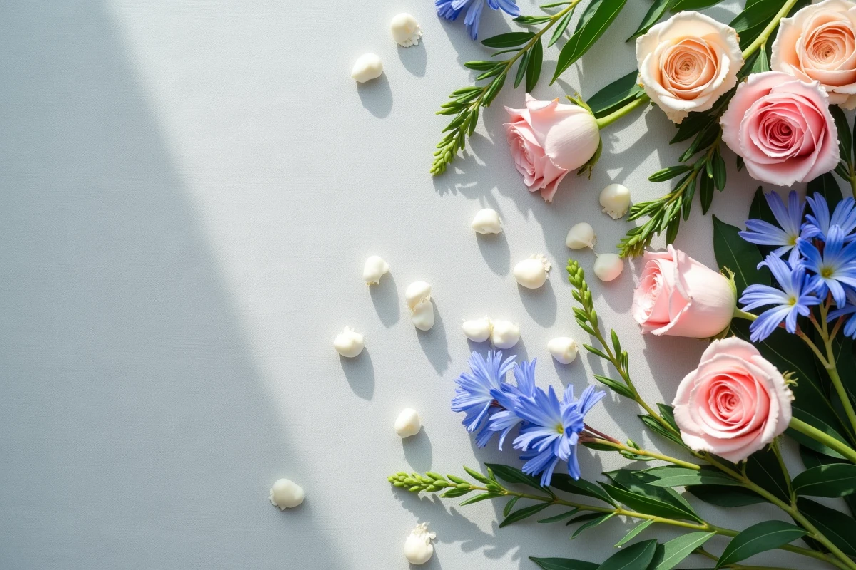 Vue de dessus de fleurs assorties étalées sur un tissu en lin gris, incluant roses, agapanthes et eucalyptus