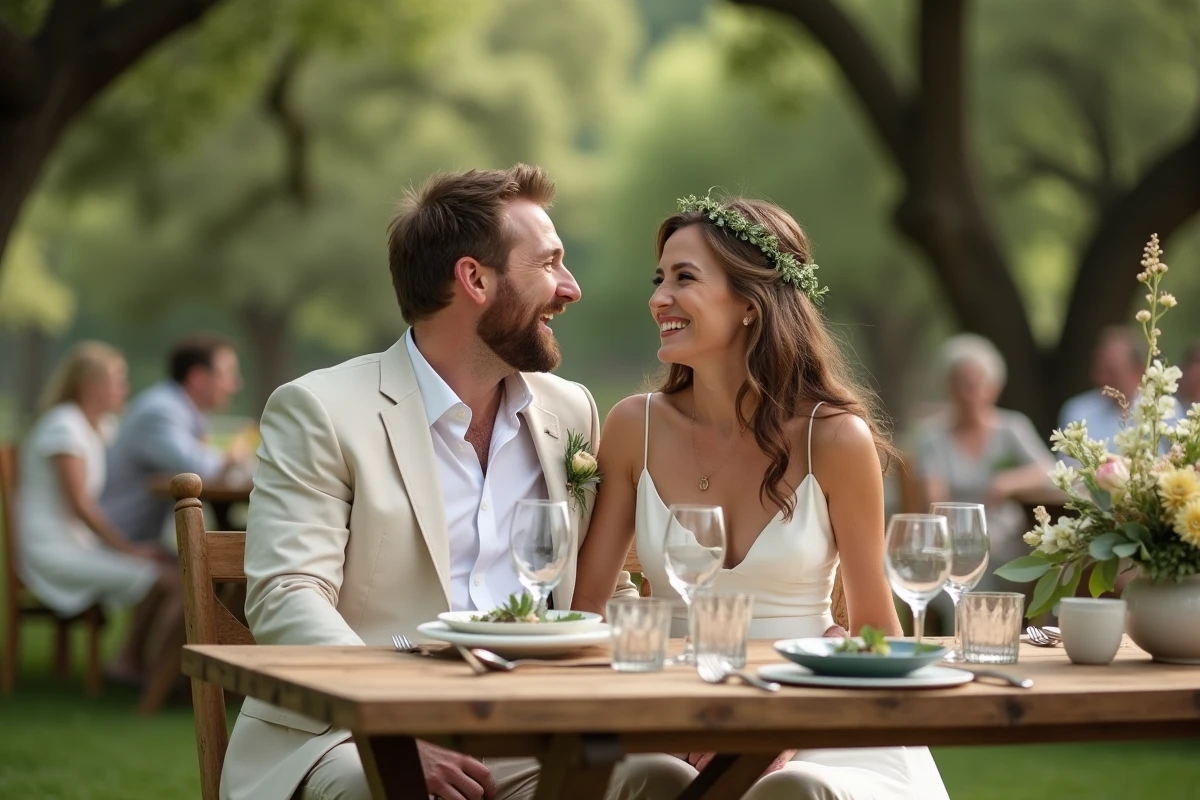 Couple de jeunes mariés riant lors d'une réception de mariage en plein air en juin sous des chênes