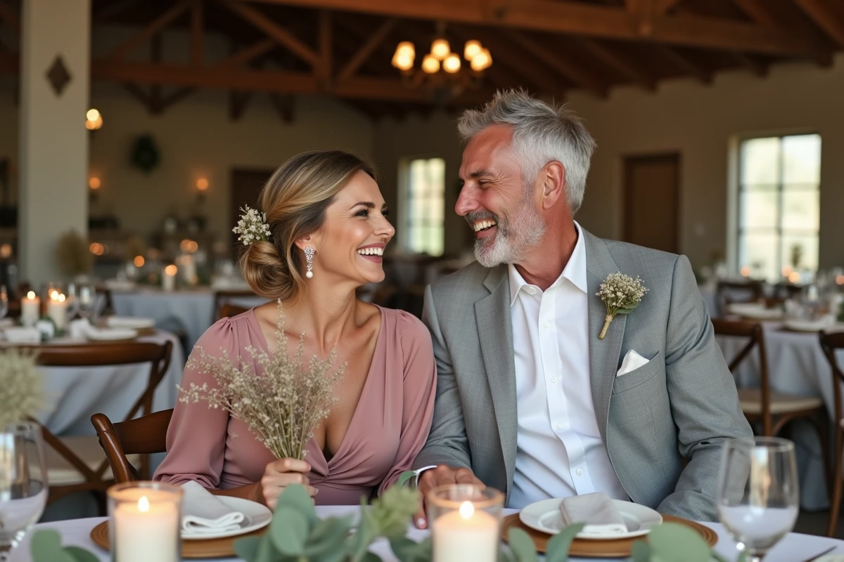 Couple fêtant 22 ans de mariage en train de rire à une table de réception décorée dans une salle de réception rustique en pierre