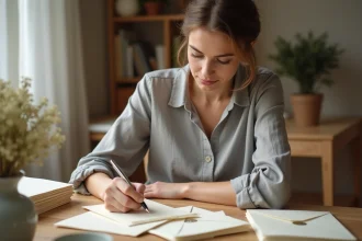Femme écrivant des adresses sur des enveloppes de faire-part de mariage à une table en bois, ambiance chaleureuse à domicile