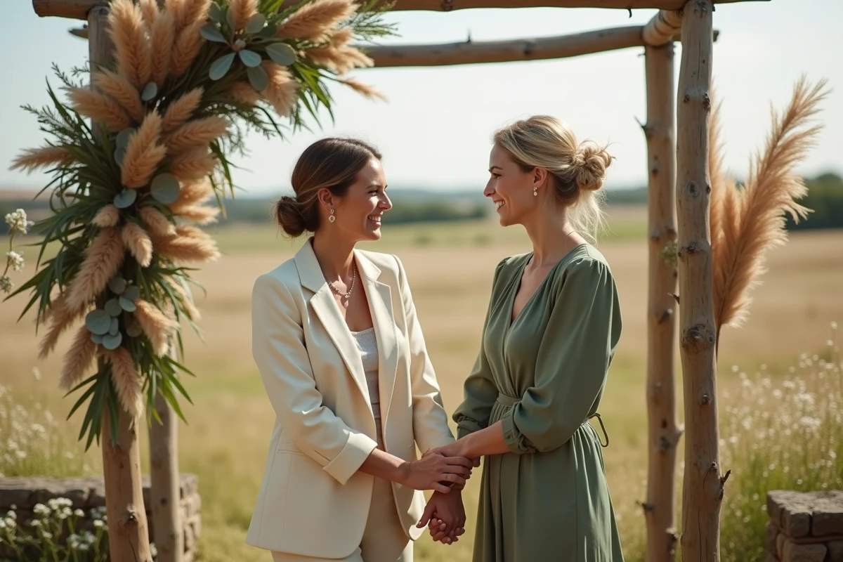 Deux femmes renouvellement de vœux pour leur 5e anniversaire de mariage sous un arche rustique en plein air