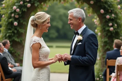 Couple dans la cinquantaine renouvelant ses vœux de mariage sous une arche de roses dans un jardin fleuri lors de leur 22e anniversaire de mariage