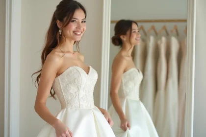 Jeune mariée essayant une robe bustier en dentelle dans une boutique de mariage élégante