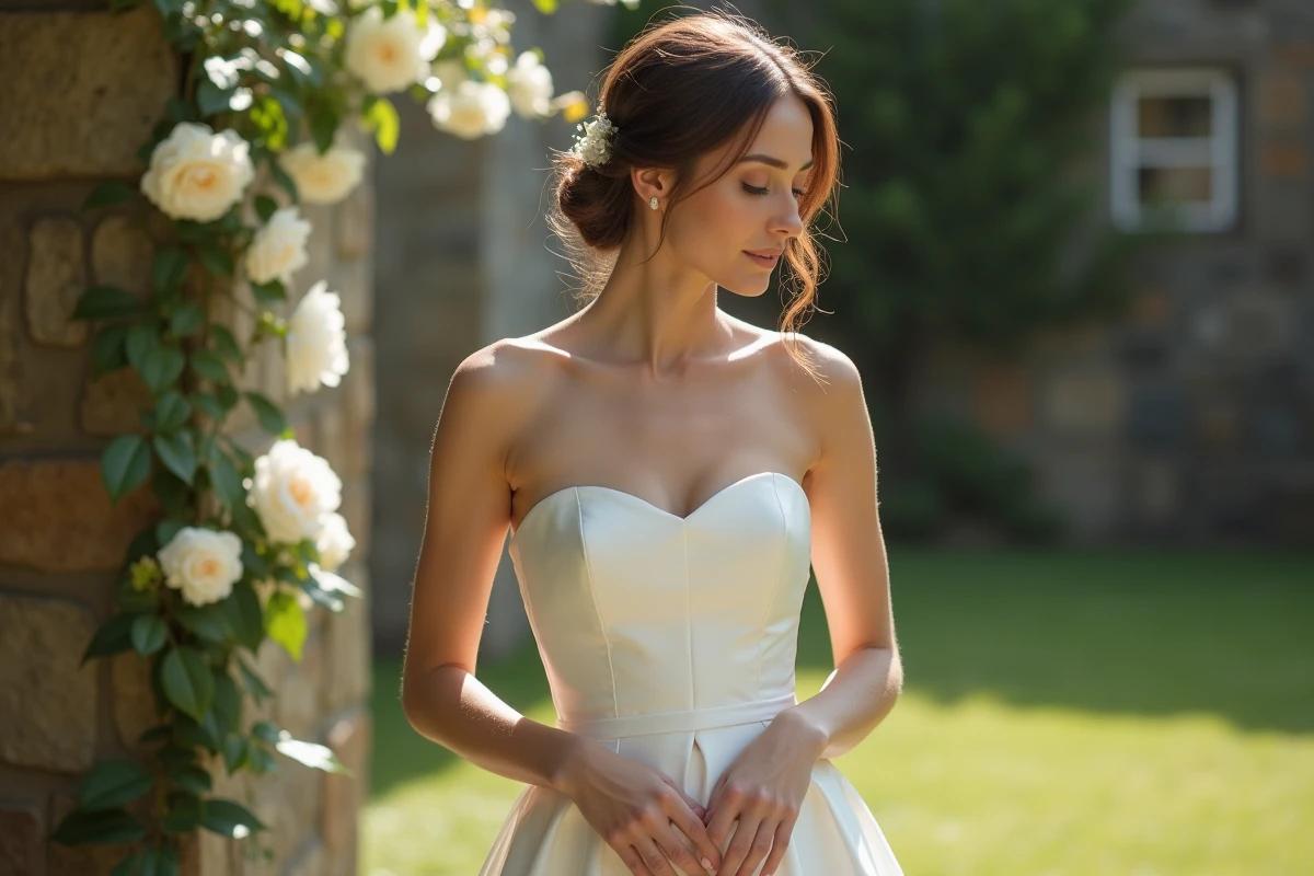 Mariée en robe bustier satin minimaliste posant dans un jardin fleuri en plein air