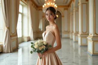 Mariée en robe de satin champagne dorée dans un salon haussmannien aux moulures dorées pour un mariage glamour