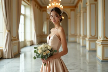Mariée en robe de satin champagne dorée dans un salon haussmannien aux moulures dorées pour un mariage glamour