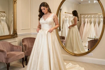 Femme en robe de mariée ivoire en satin dans une boutique de créateur haut de gamme, examinant le tissu devant un grand miroir doré