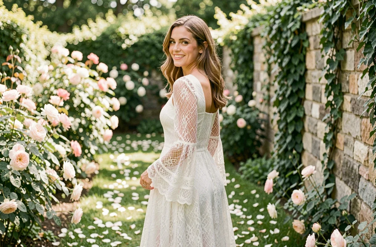 Robe de mariée bohème en dentelle avec manches longues évasées dans un jardin fleuri