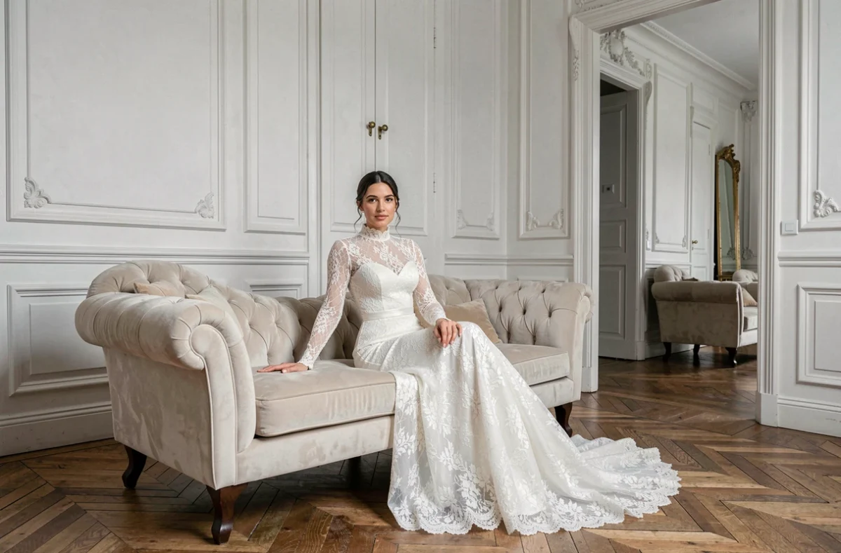 Femme en robe de mariée dentelle col montant manches longues dans un appartement parisien haussmannien