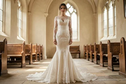 Mariée en robe de dentelle manches longues dans une chapelle en pierre, style élégant et intemporel