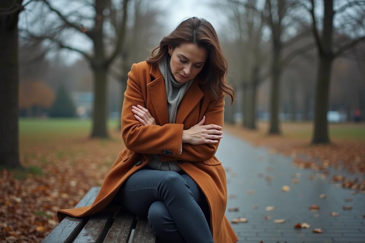 Femme seule sur un banc de parc en automne, réfléchissant à la solitude et aux obstacles de l'amour