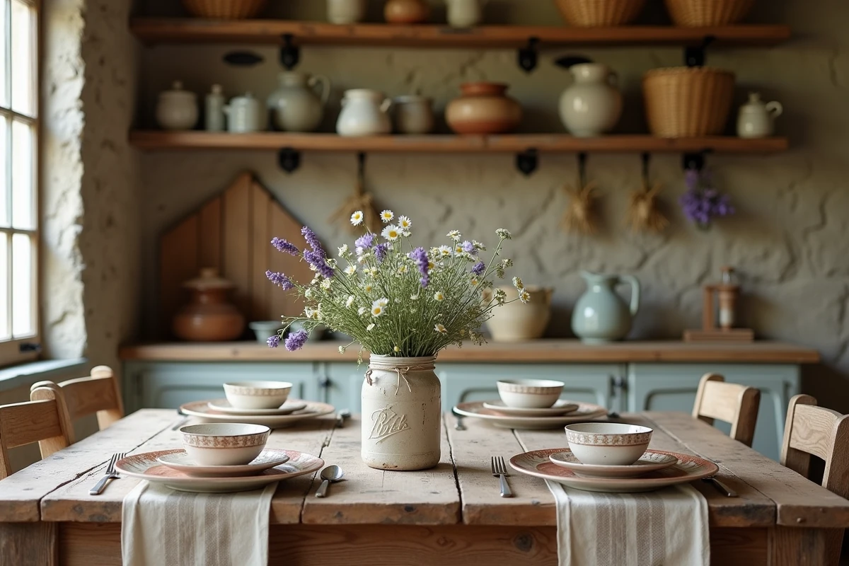 Intérieur de cuisine champêtre rustique avec table en bois recyclé, céramiques vintage et bouquet de fleurs sauvages