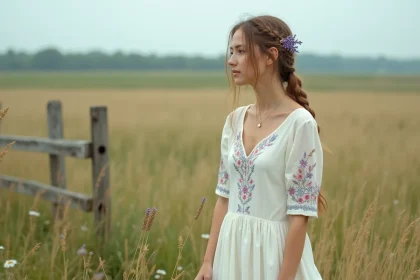 Femme en robe champêtre blanche brodée dans une prairie sauvage aux herbes dorées, style rustique et bucolique