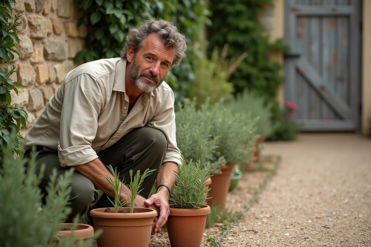 Homme en chemise de lin jardinant devant un muret en pierre couvert de roses grimpantes dans un jardin champêtre provençal