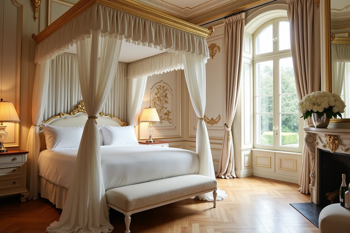 Suite nuptiale de luxe dans un château français avec lit à baldaquin et décoration romantique pour une lune de miel