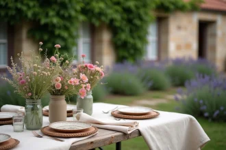 Table champêtre rustique en plein air avec nappe en lin, bouquets de fleurs sauvages et vaisselle vintage dans un jardin de campagne français