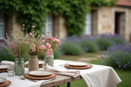 Table champêtre rustique en plein air avec nappe en lin, bouquets de fleurs sauvages et vaisselle vintage dans un jardin de campagne français