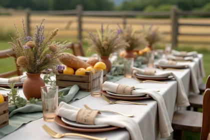 Table de mariage champêtre bohème dressée en plein air avec vaisselle vintage, menus kraft et fleurs séchées