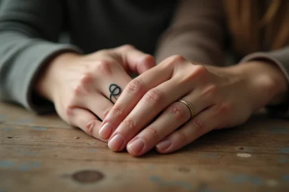 Deux mains entrelacées portant chacune un tatouage alliance infini sur l'annulaire, posées sur une table en bois
