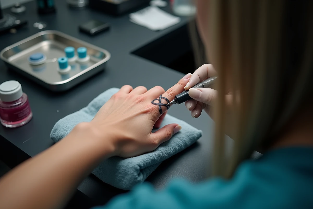 Tatoueur réalisant un tatouage symbole infini sur l'annulaire d'une femme dans un studio professionnel