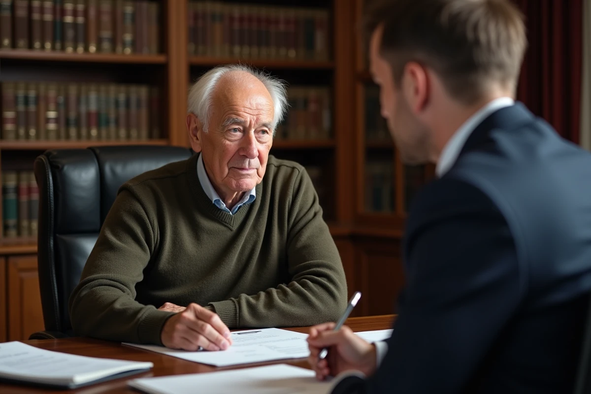 Homme âgé témoin en discussion avec un notaire autour d'un document officiel