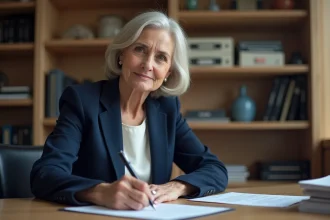 Femme témoin signant un document légal dans un bureau professionnel